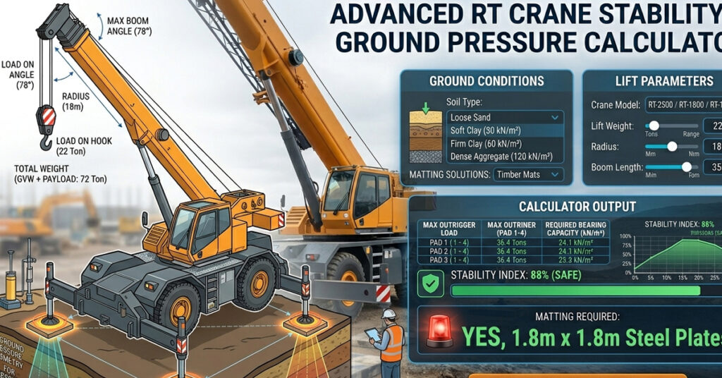 Advanced Rough-Terrain Crane Stability & Ground Pressure Calculator