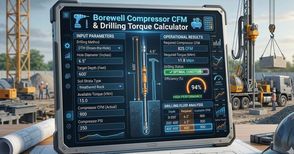 Borewell Compressor CFM & Drilling Torque Calculator