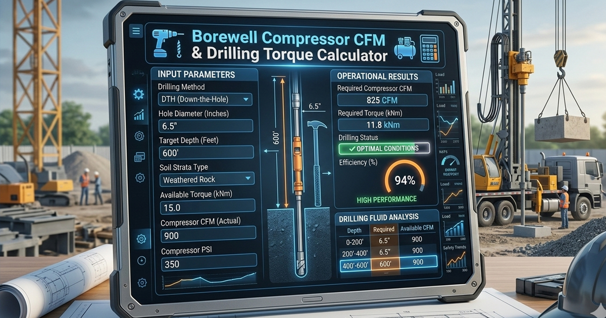 Borewell Compressor CFM & Drilling Torque Calculator - Pro Industrial Specs
