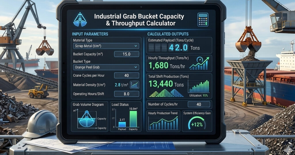 Industrial Grab Bucket Capacity & Throughput Calculator